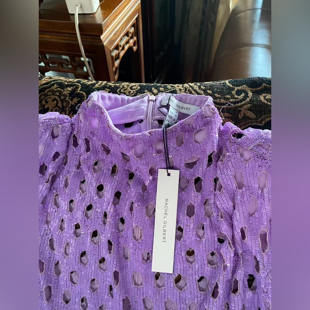 Rachel Gilbert Mara Purple Metallic Ostrich Feather Column Gown NWT - Picture 5 of 13